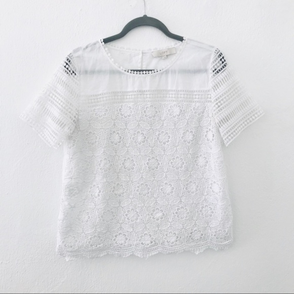 Ann Taylor loft crochet lace keyhole back short sleeve blouse size small